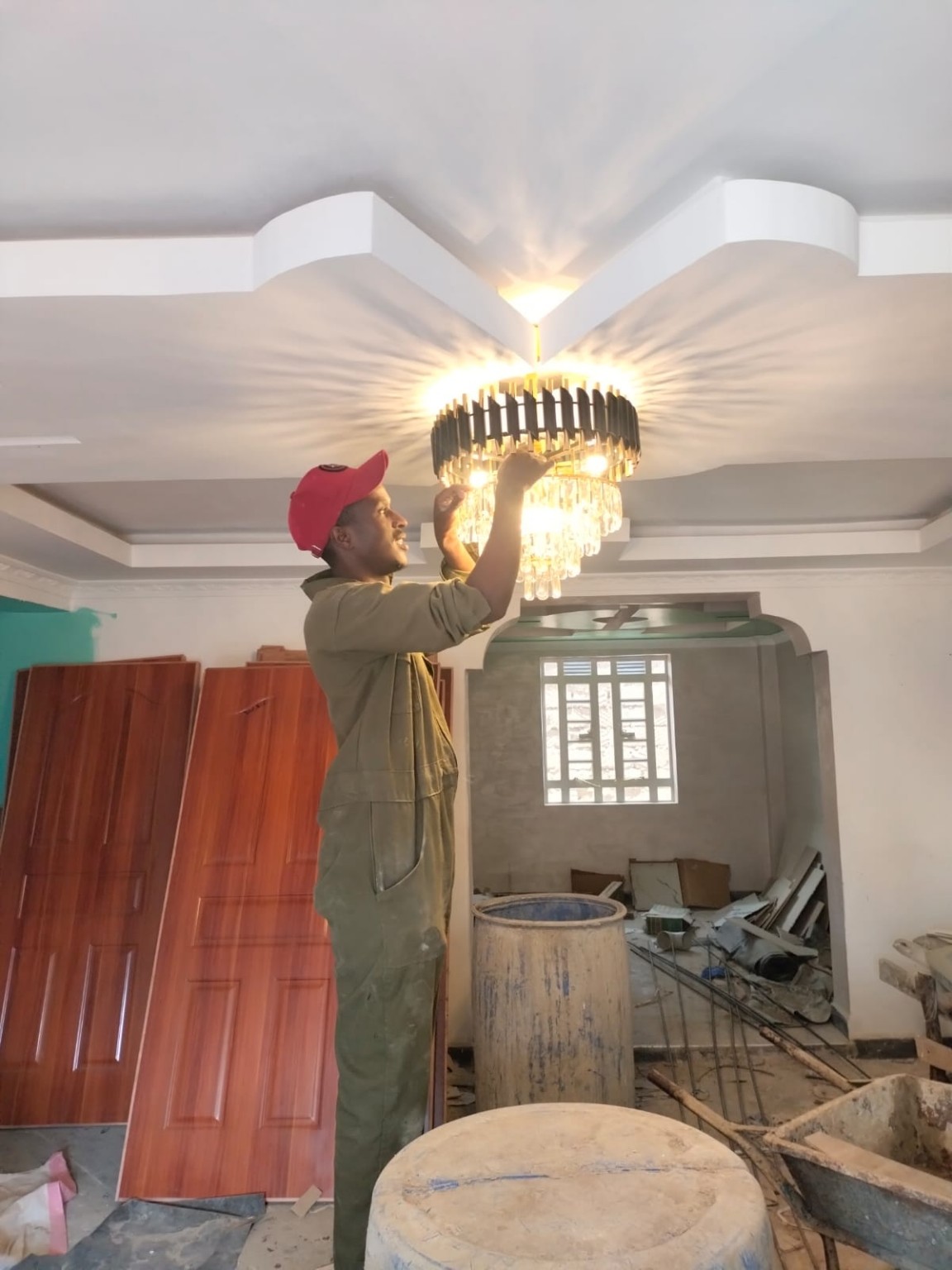 Chandelier lighting installation in an interior